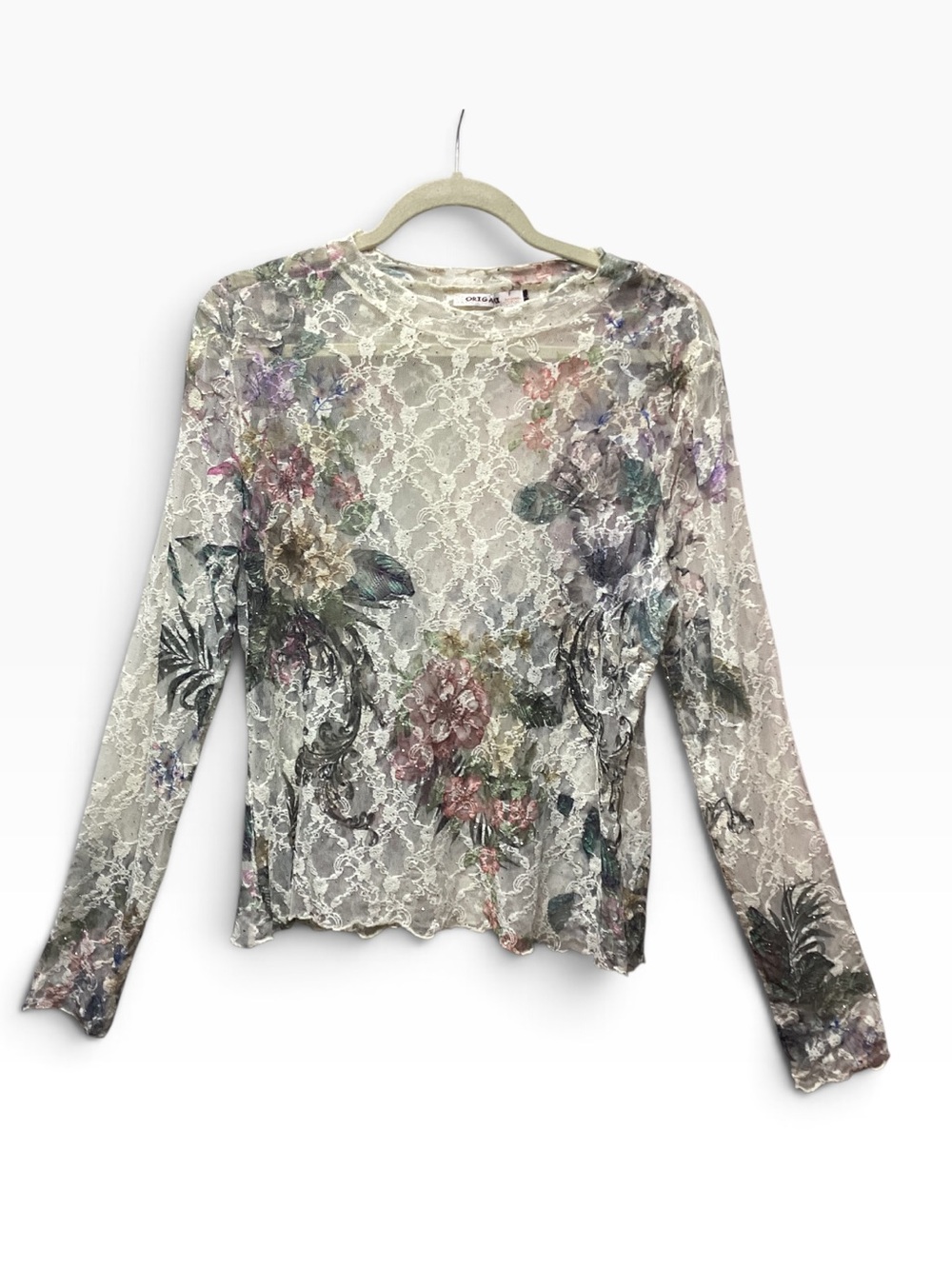 Oragami Floral Lace Mesh top with mini Rhinestone accents size Large